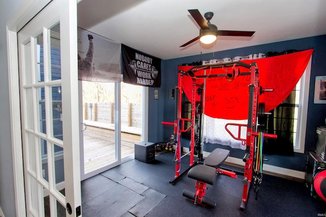 workout room featuring ceiling fan