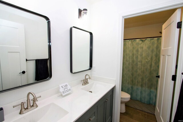 bathroom featuring wood-type flooring, vanity, toilet, and curtained shower