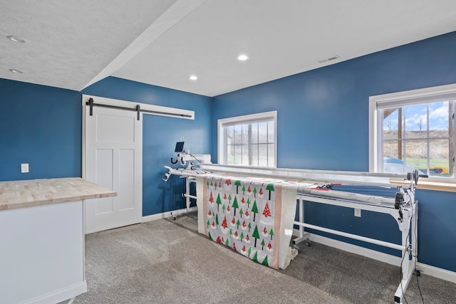 bedroom with a barn door and light colored carpet