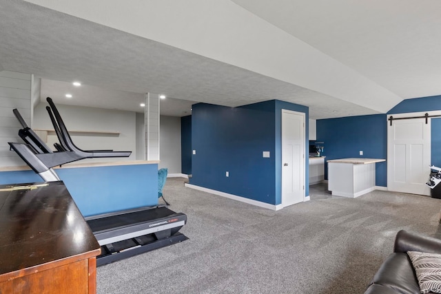 exercise room with carpet flooring, a barn door, and a textured ceiling