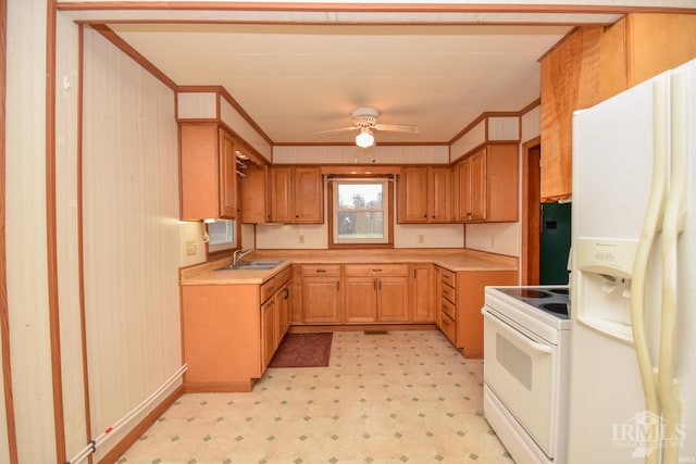 kitchen featuring white appliances, ceiling fan, ornamental molding, and sink