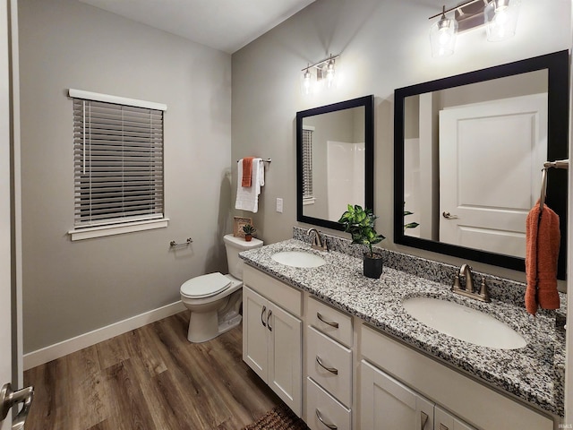 bathroom featuring toilet, vanity, and hardwood / wood-style flooring