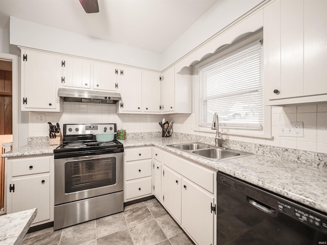 kitchen featuring white cabinets, sink, stainless steel electric range oven, and black dishwasher