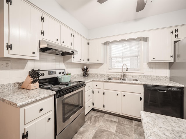 kitchen with electric range, dishwasher, white cabinetry, and sink