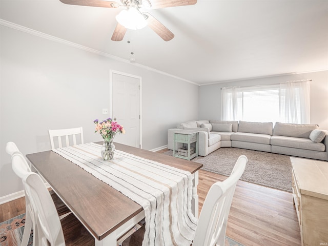 dining room featuring ceiling fan, light hardwood / wood-style floors, and ornamental molding