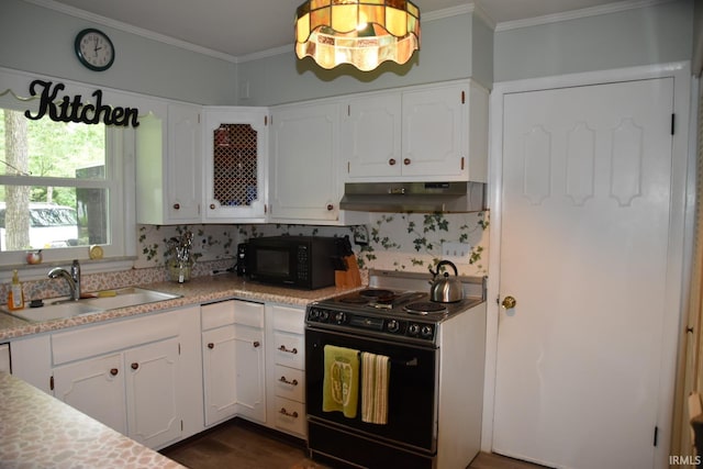 kitchen with decorative backsplash, sink, white cabinetry, and black appliances