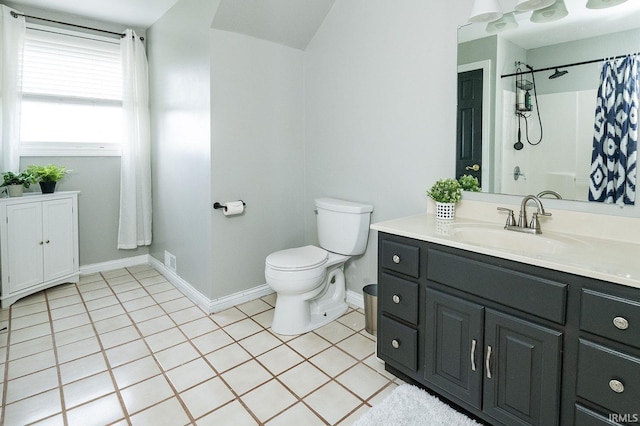 bathroom featuring tile patterned flooring, vanity, toilet, and a shower with curtain