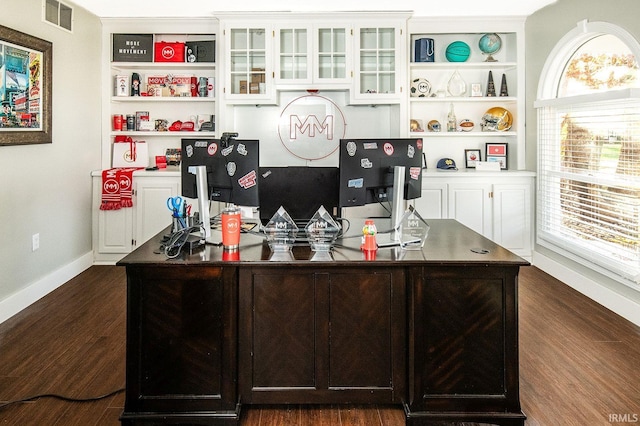 home office with bar area and dark hardwood / wood-style flooring