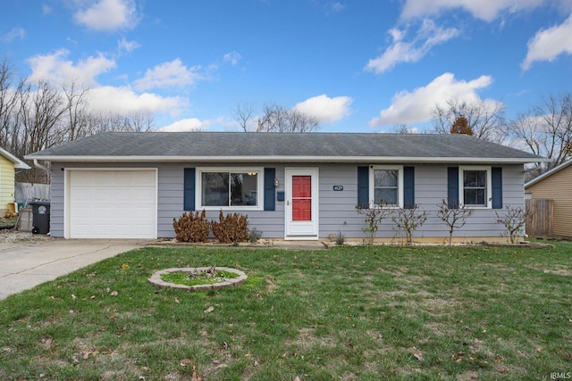 single story home featuring a garage and a front yard