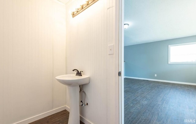 bathroom with wood-type flooring