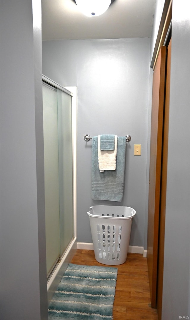 bathroom with wood-type flooring