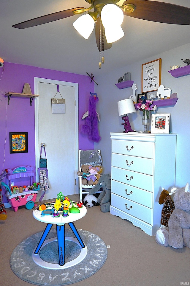 game room featuring ceiling fan and carpet floors