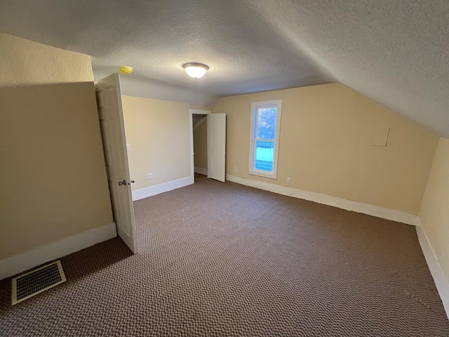 additional living space featuring vaulted ceiling, carpet floors, and a textured ceiling