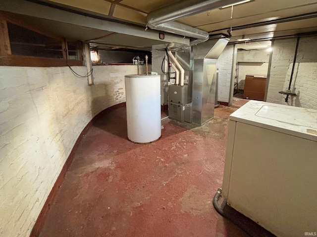 basement with heating unit and water heater