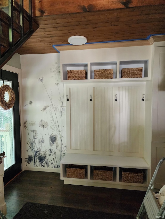 mudroom with dark hardwood / wood-style floors and wood ceiling