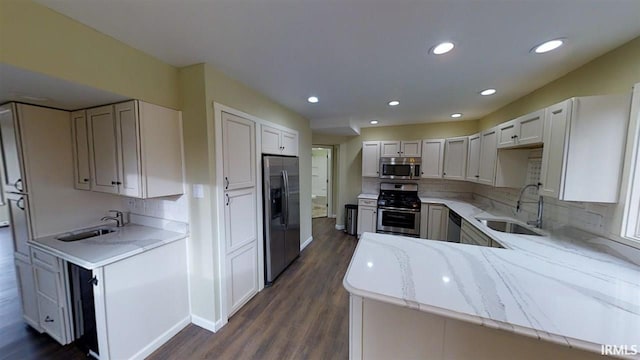 kitchen with kitchen peninsula, stainless steel appliances, dark wood-type flooring, and sink