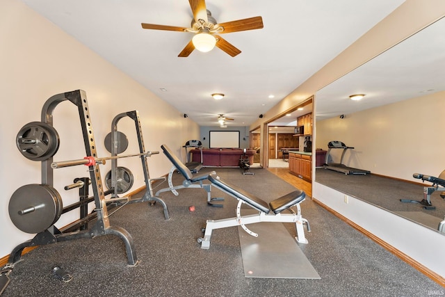 workout area featuring ceiling fan