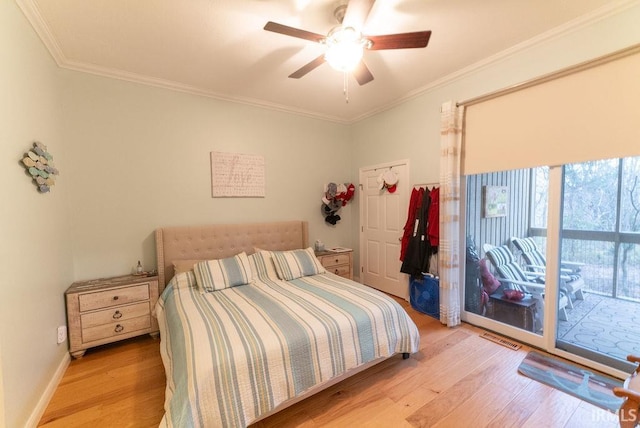 bedroom with ceiling fan, access to exterior, ornamental molding, and light hardwood / wood-style flooring