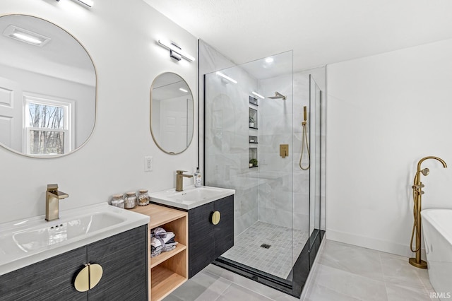 bathroom featuring tile patterned flooring, vanity, and independent shower and bath