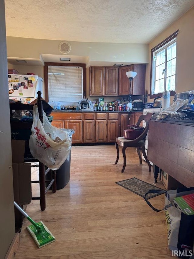 kitchen with light wood-type flooring and a textured ceiling