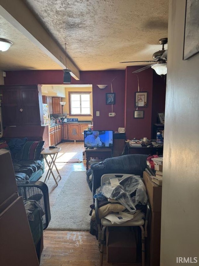 living room featuring beamed ceiling, a textured ceiling, light hardwood / wood-style flooring, and ceiling fan