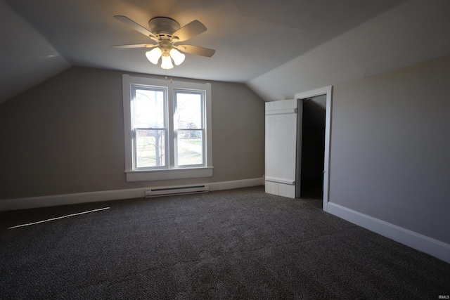 bonus room with carpet flooring, ceiling fan, baseboard heating, and vaulted ceiling