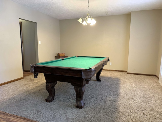 3020 10 Oclock Rd, Bloomingdale, IN 47832 - playroom with light colored carpet, billiards, a textured ceiling, baseboards, and a chandelier