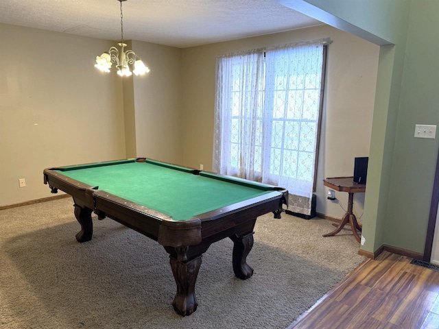 3020 10 Oclock Rd, Bloomingdale, IN 47832 - game room with pool table, baseboards, a chandelier, wood finished floors, and a textured ceiling