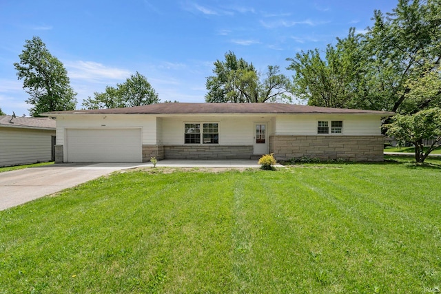 ranch-style house with a front yard and a garage