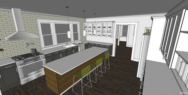 kitchen featuring sink, wall chimney exhaust hood, dark wood-type flooring, high end stainless steel range oven, and gray cabinets