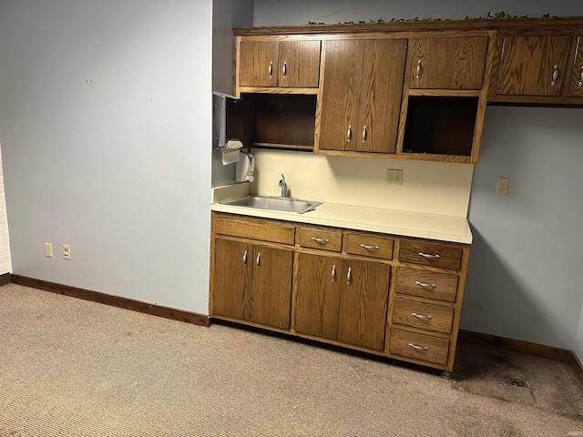 kitchen with light carpet and sink