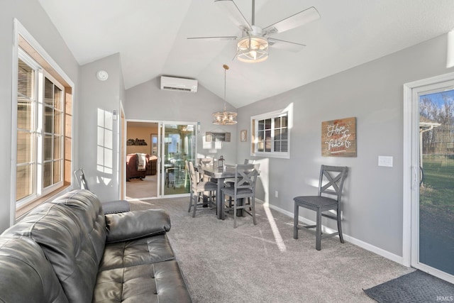 carpeted living room with ceiling fan, lofted ceiling, and a wall unit AC