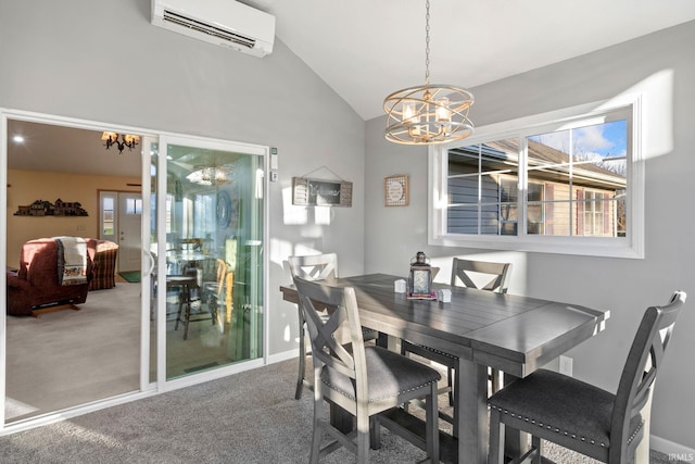 carpeted dining area with a wall mounted air conditioner, an inviting chandelier, french doors, and vaulted ceiling