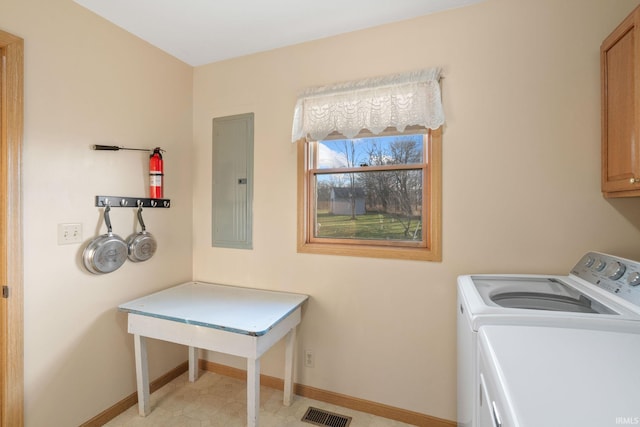 clothes washing area featuring cabinets, washing machine and dryer, and electric panel