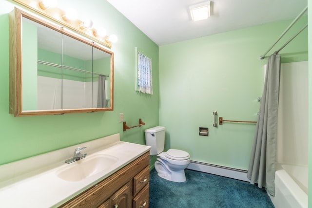 full bathroom with shower / tub combo with curtain, vanity, toilet, and a baseboard radiator