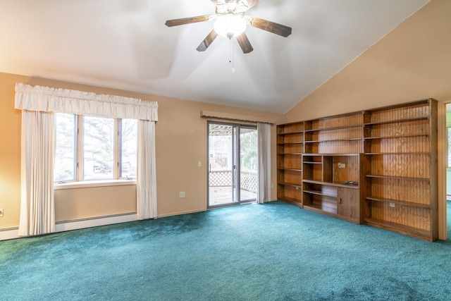 unfurnished living room featuring carpet flooring, a baseboard radiator, ceiling fan, and lofted ceiling