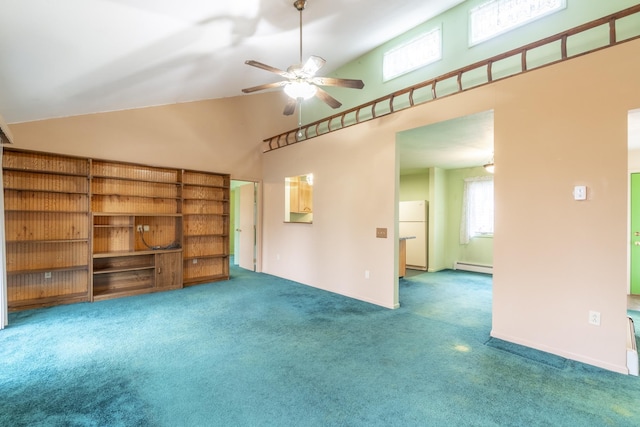 unfurnished living room with ceiling fan, carpet floors, a towering ceiling, and a baseboard radiator