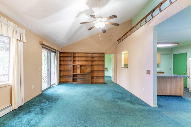 unfurnished living room featuring ceiling fan, dark carpet, vaulted ceiling, and a baseboard heating unit