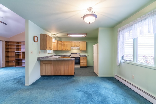 kitchen with sink, baseboard heating, stove, white fridge, and dark carpet