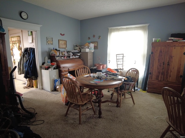 dining room with light carpet and a textured ceiling