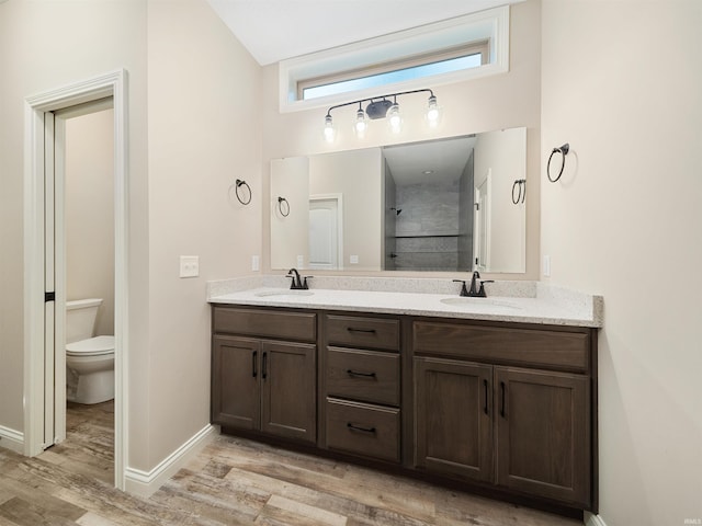 bathroom with tiled shower, wood-type flooring, vanity, and toilet