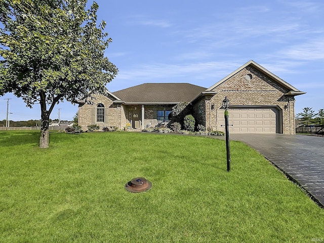 single story home with a garage and a front lawn