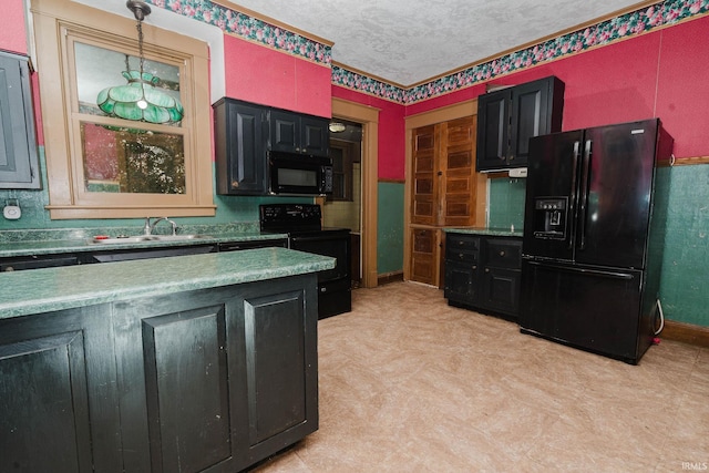 kitchen featuring black appliances, sink, hanging light fixtures, a textured ceiling, and light colored carpet