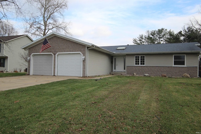 ranch-style house with an attached garage, a shingled roof, concrete driveway, and a front yard