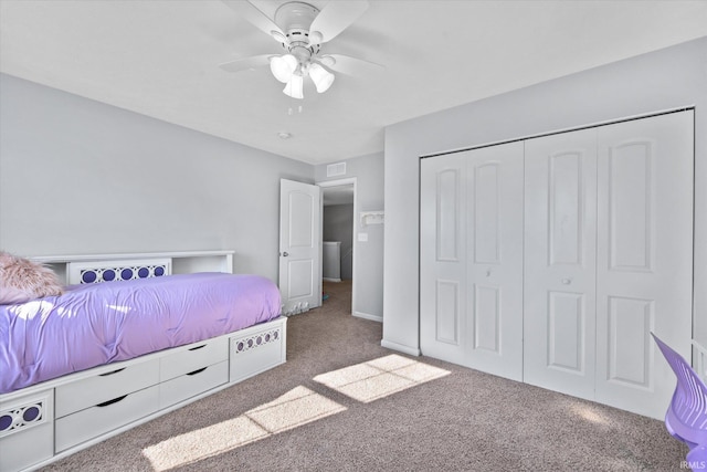 unfurnished bedroom with carpet flooring, a closet, and ceiling fan