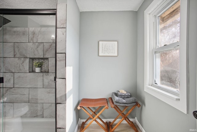 bathroom featuring a tile shower and a healthy amount of sunlight