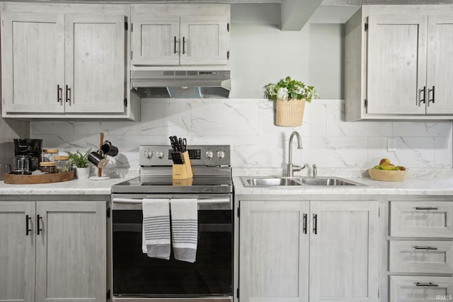 kitchen with tasteful backsplash, stainless steel electric range oven, and sink