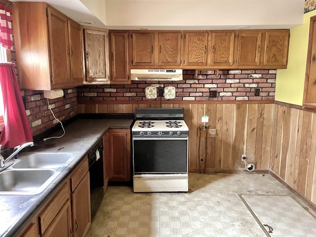 kitchen with black dishwasher, sink, gas range gas stove, and wood walls