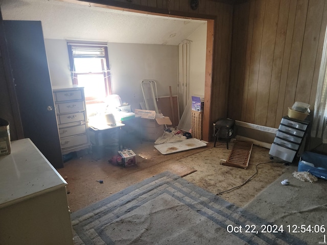 miscellaneous room featuring wood walls and a textured ceiling