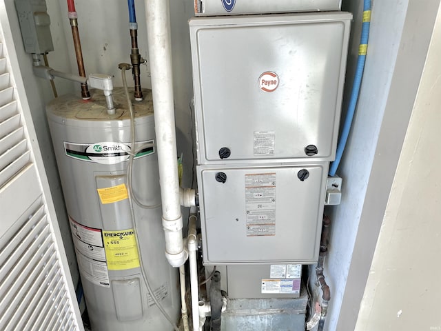 utility room featuring water heater and heating unit